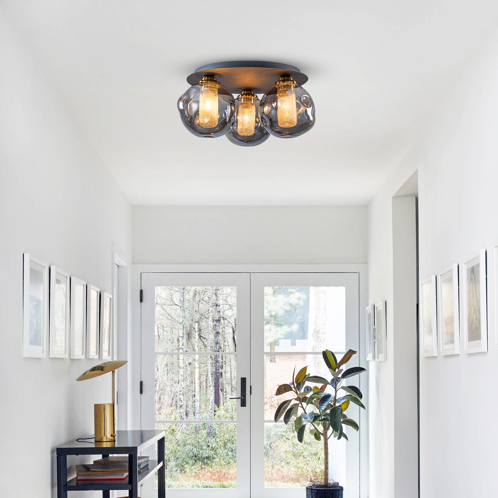 17.7 in. 3-Light Modern Black Metal Flush Mount Ceiling Light with Globe Smoky Gray Glass Shades for Dining Roo
