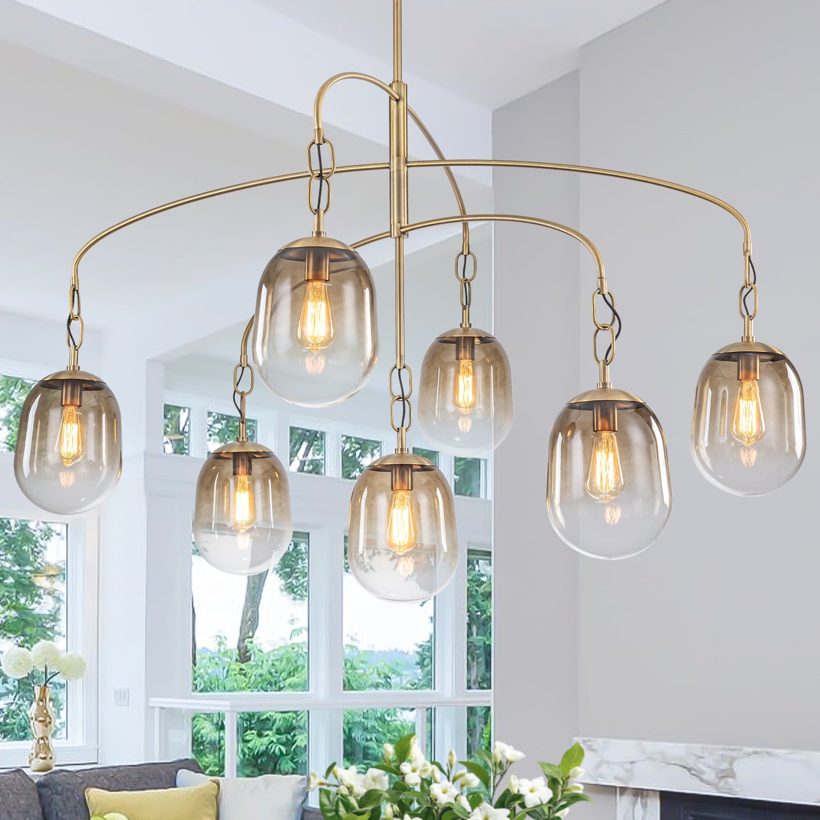 5/7-Light 2/3-Tier Antique Gold Metal Chandelier Pendant with Oval Glass Shades for Living Room, Kitchen Island