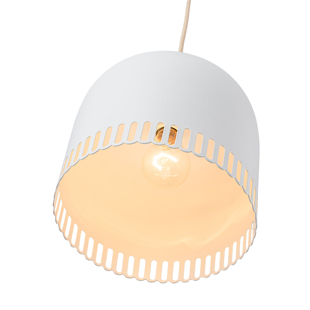 1-Light Gold Iron Semi-Domed Shape Pendant Light with Matte White Metal Shade Hollow Out Design for Living Room