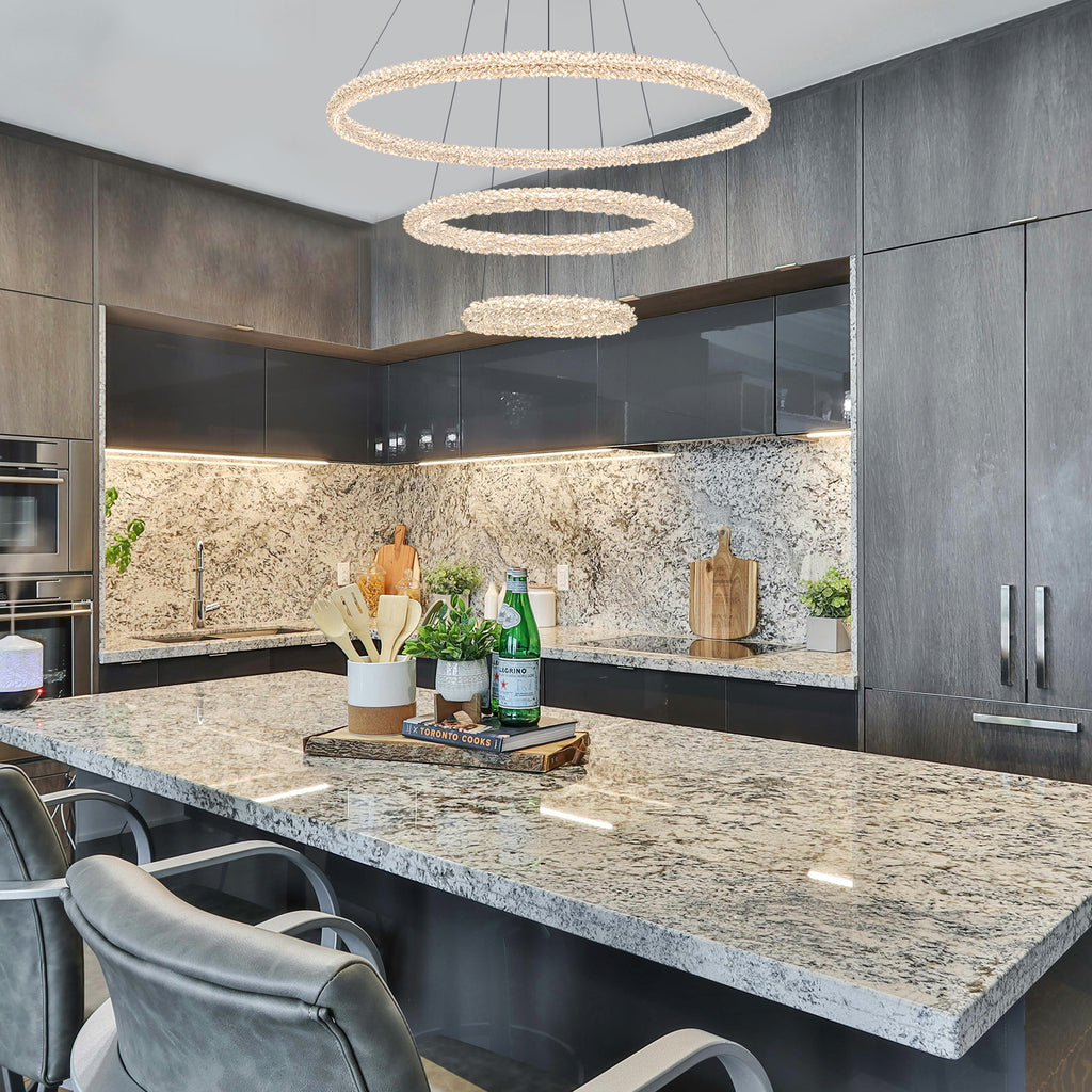 3-Light Modern Gold Ring Dimmable Integrated LED Chandelier Tiered Pendant Light with Crystal for Dining Room