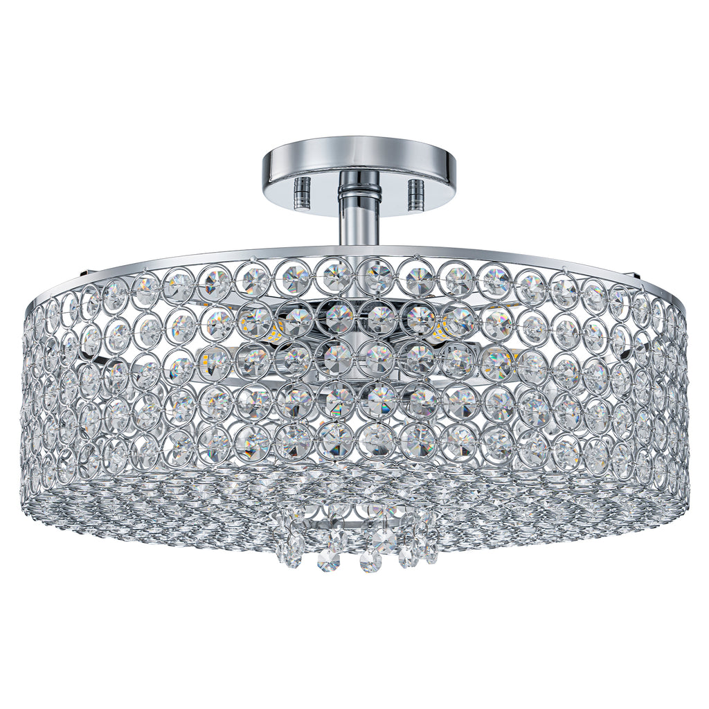 5-Light Chrome Round Modern Semi-Flush Mount Ceiling Light with Beaded Drum Crystal Shade for Living Room