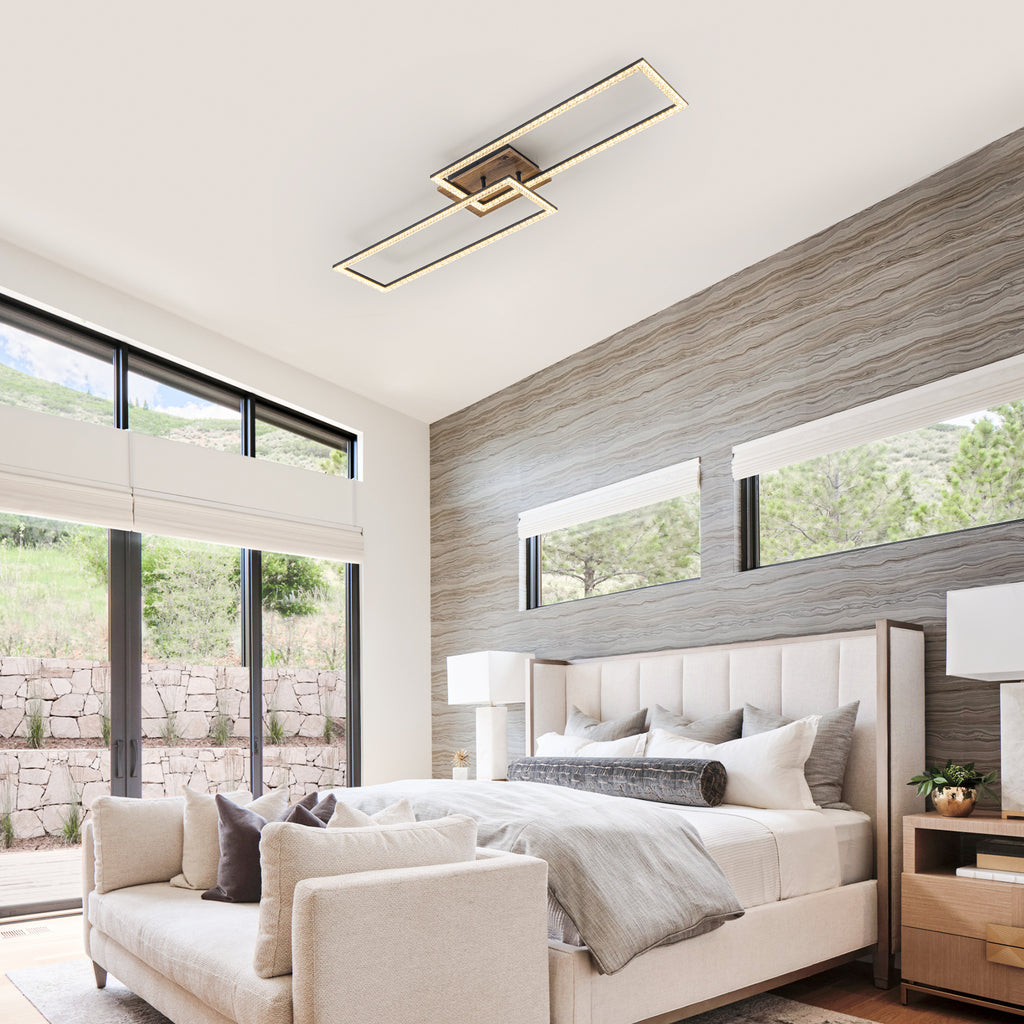 2-Light 40.55 in. Modern Black and Wood Dimmable Integrated LED Flush Mount Ceiling Light