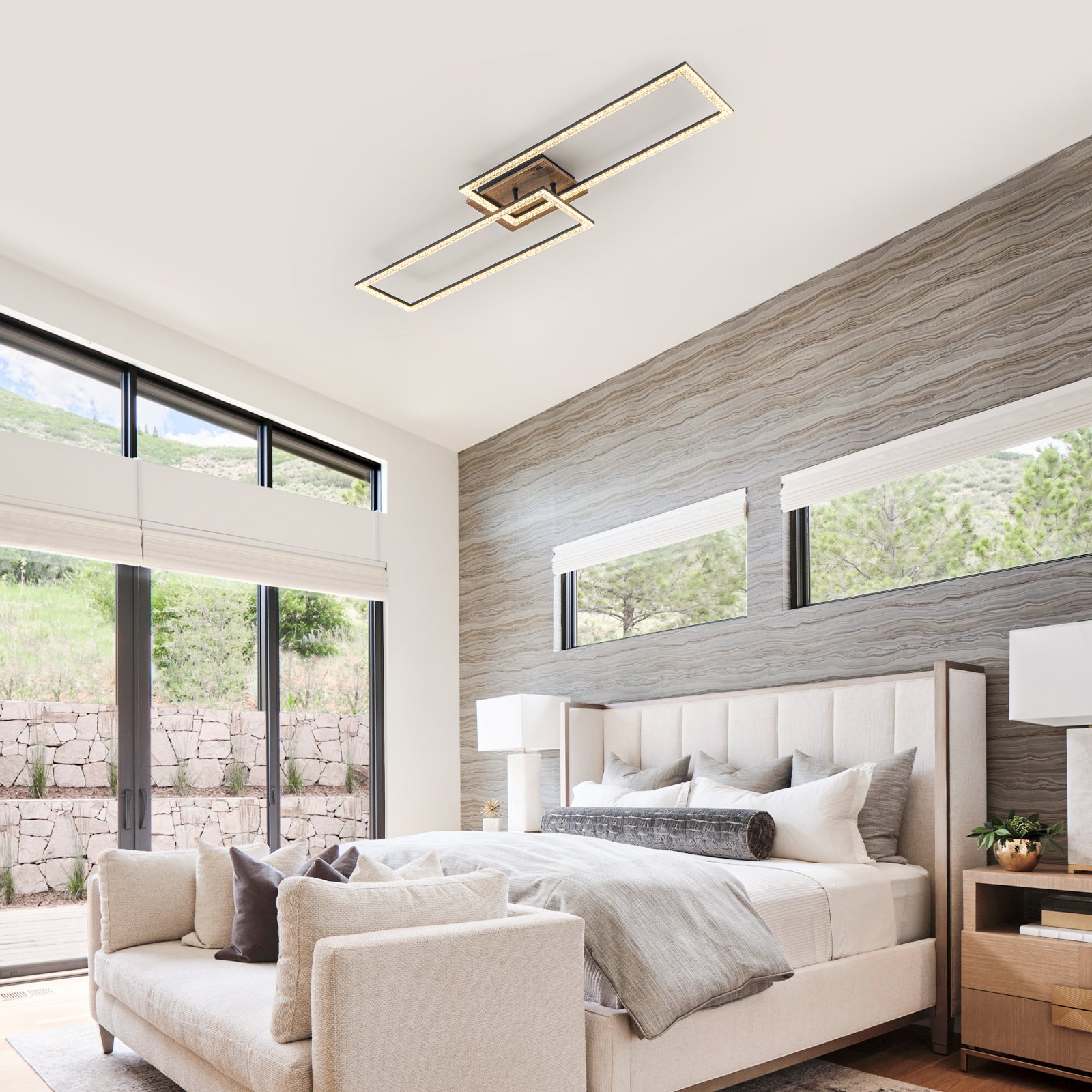 2-Light 40.55 in. Modern Black and Wood Dimmable Integrated LED Flush Mount Ceiling Light