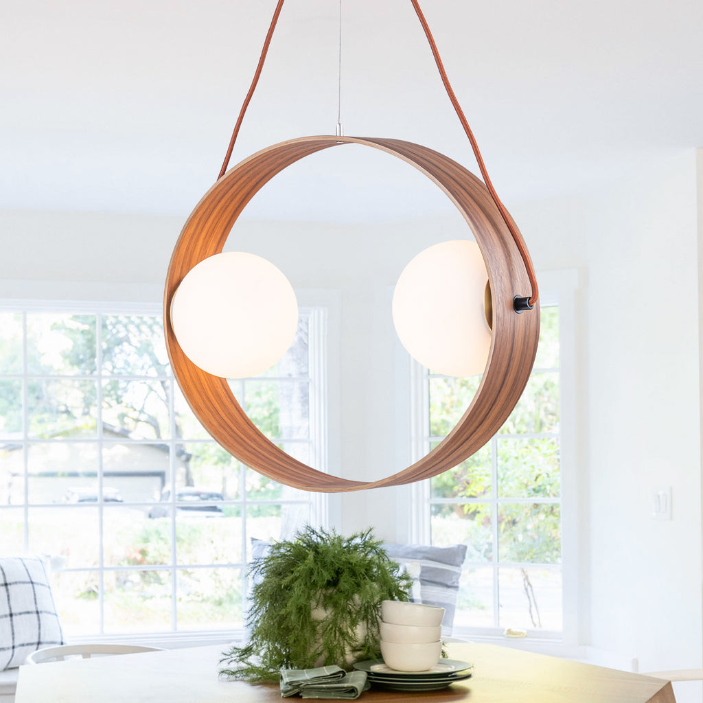20 in. 2-Light Modern Walnut Oval Pendant Light with White Globe Glass Shades for Dining Room, Kitchen Island