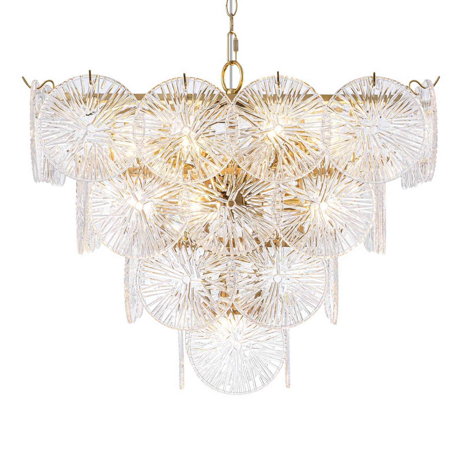 24 in. 13-Light Modern Gold Square Tiered Chandelier with Textured Clear Glass Petal Shades for Living Room