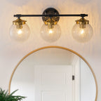 21.73 in. 3-Light Matte Black and Gold Metal Vanity Light with Clear Glass Shades for Bathroom