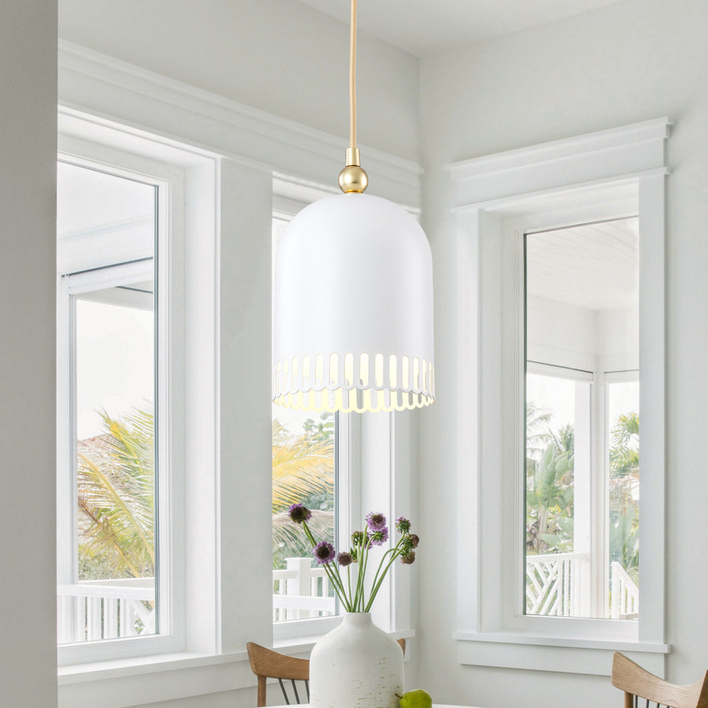 1-Light Gold Iron Semi-Domed Shape Pendant Light with Matte White Metal Shade Hollow Out Design for Living Room