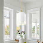 1-Light Gold Iron Semi-Domed Shape Pendant Light with Matte White Metal Shade Hollow Out Design for Living Room