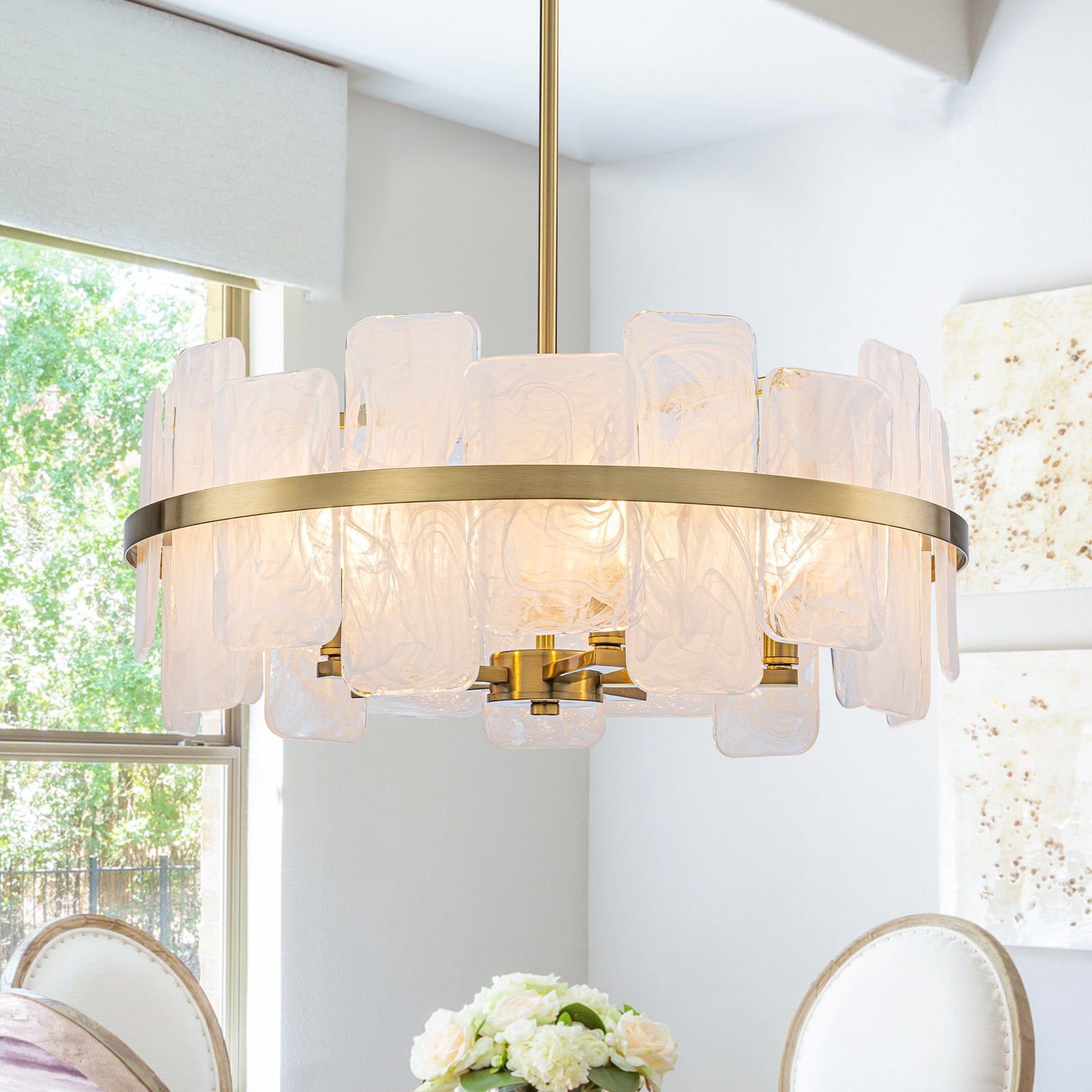 20.47 in. 5-Lights Modern Brass Metal Round Chandelier with Cloud Texture Glass for Dining Room