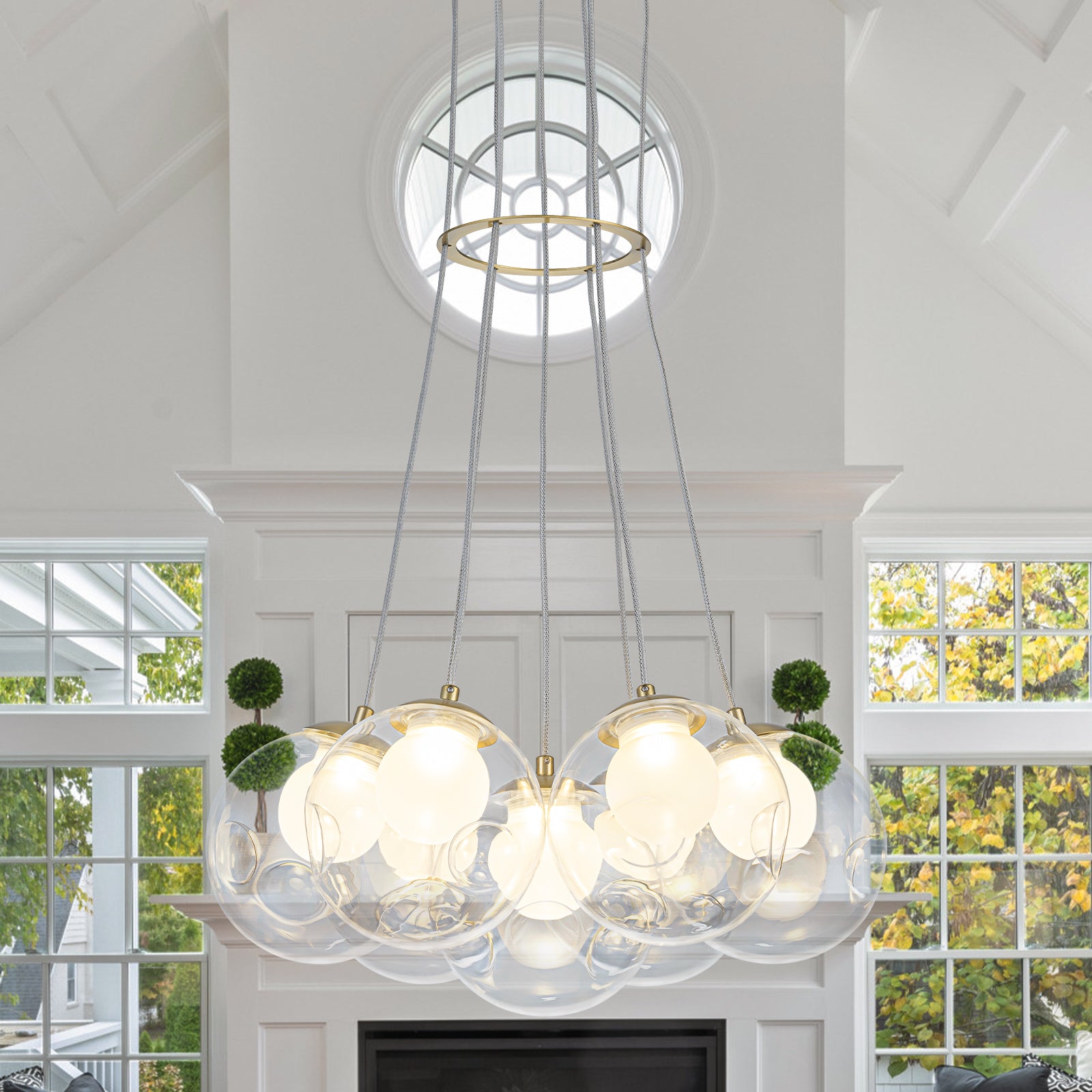 7-Light Modern Gold Sputnik Cluster LED Chandelier with Clear Globe Shades for Living Room