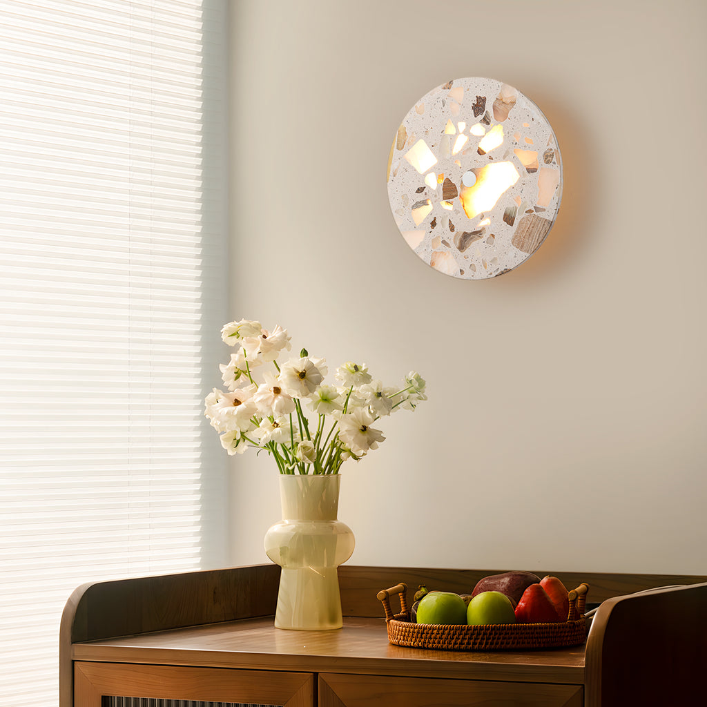 8.07 in. 1-Light Modern Round Dimmable LED Wall Sconce Light with Mable Terrazzo Shade for Bedroom Foyer Hallway