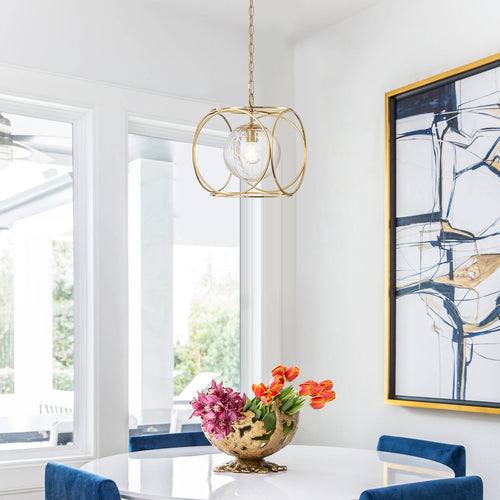 11.5 in. 1-Light Modern Copper Metal Pendant Light with Clear Crackle Globe Glass Shade for Kitchen Island, Dining Room