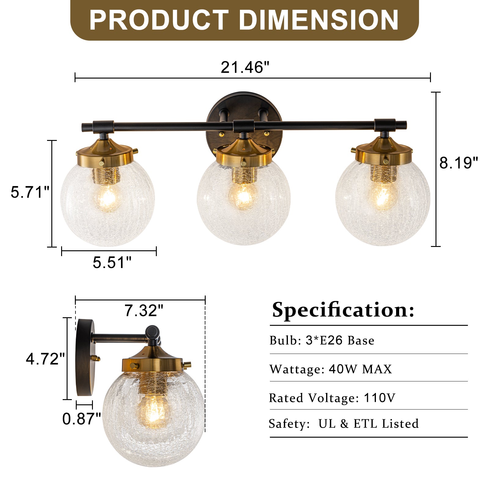 21.73 in. 3-Light Matte Black and Gold Metal Vanity Light with Clear Glass Shades for Bathroom