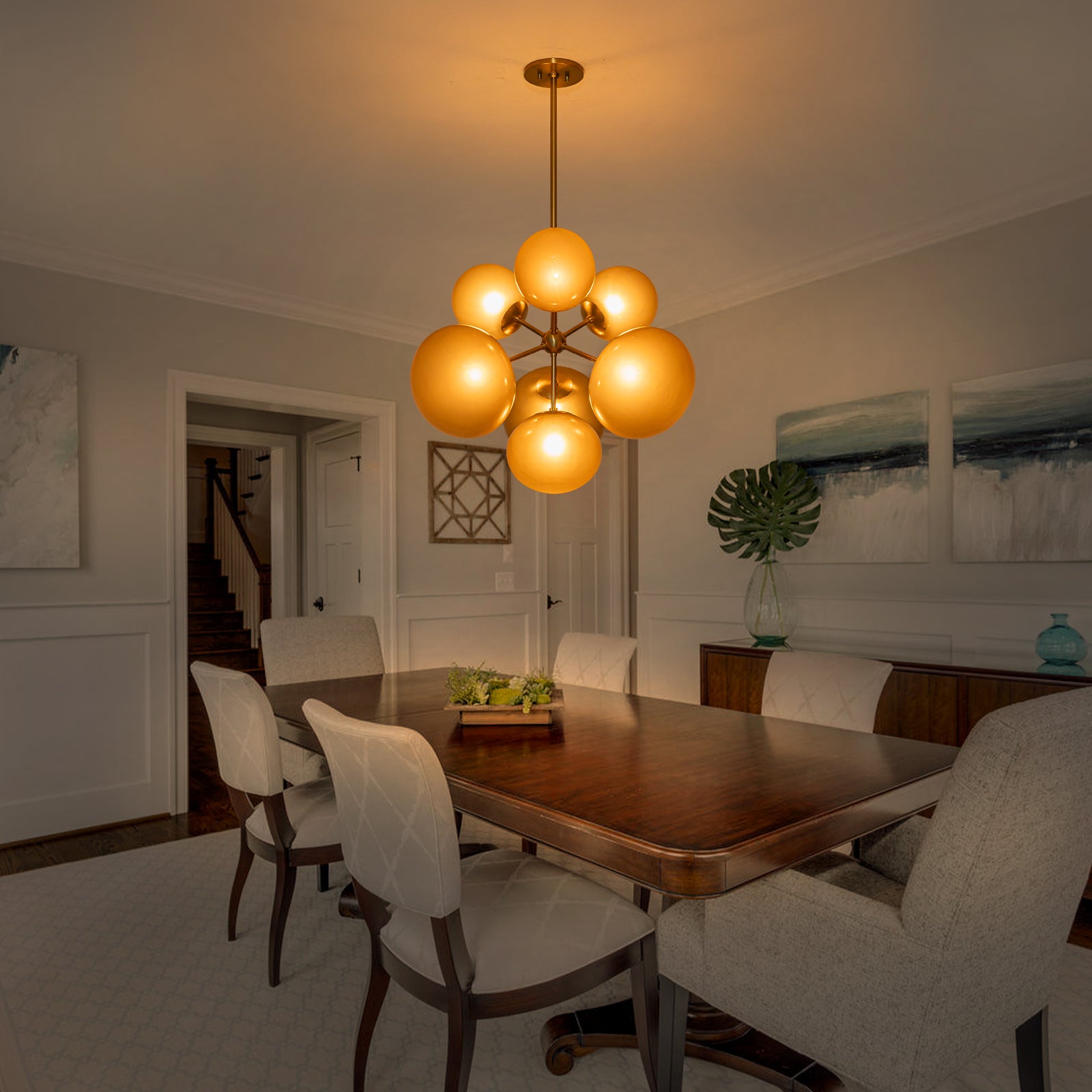 4/7-Light Mid-Century Modern Gold Cluster Chandelier with Coffee Globe Glass Shades