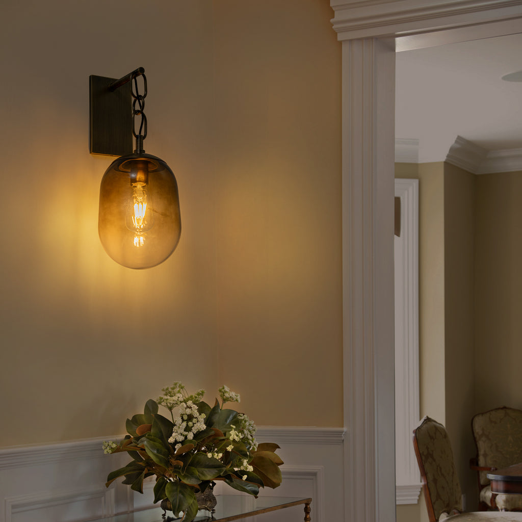 7.09 in. 1-Light Antique Metal Wall Sconce with Oval Gradient Color Glass Shade for Bedroom, Bathroom, Hallway