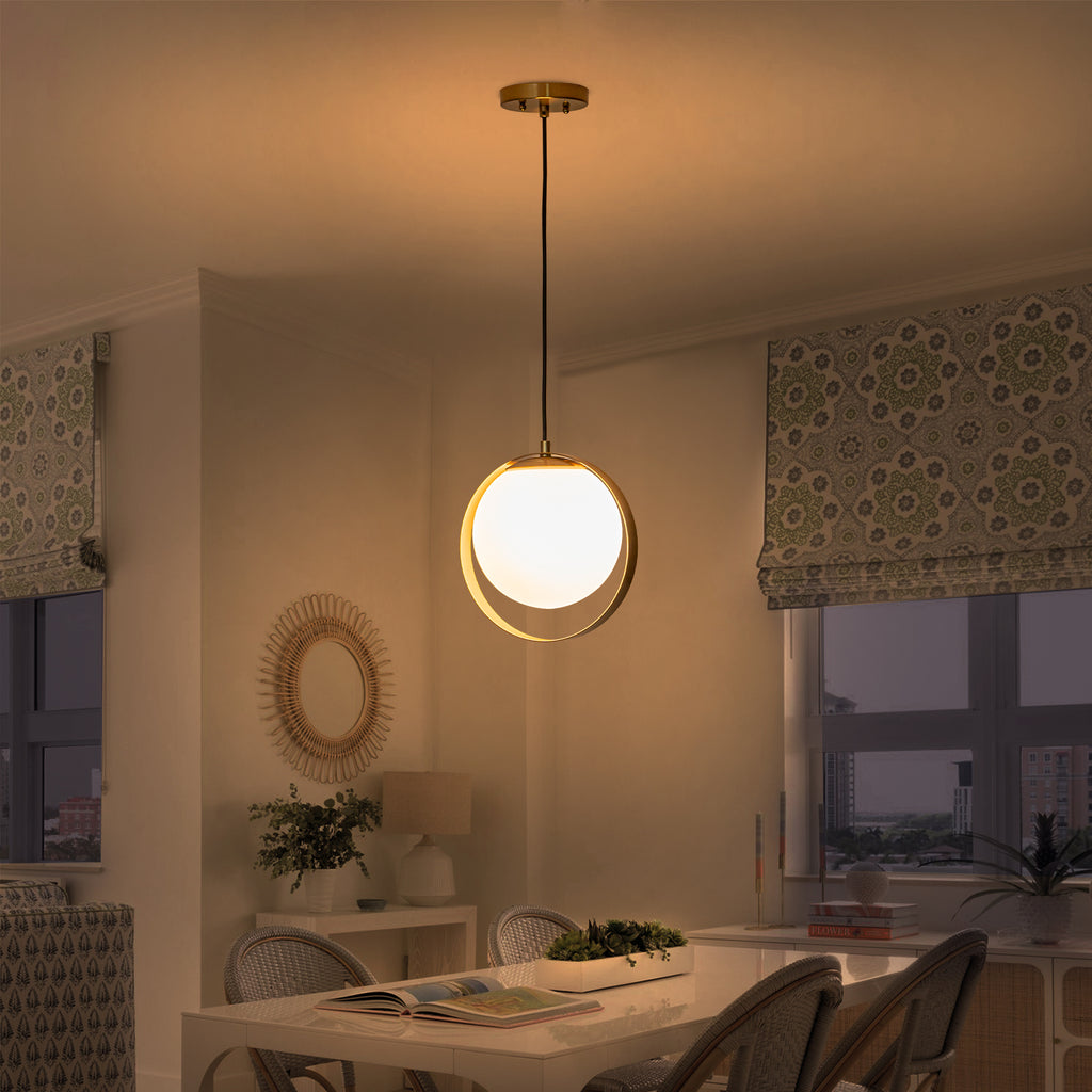 9.84 in. 8-Watt 1-Light Modern Mid-Century Brass Ring LED Pendant Light with White Globe Glass Shade