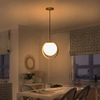 9.84 in. 8-Watt 1-Light Modern Mid-Century Brass Ring LED Pendant Light with White Globe Glass Shade