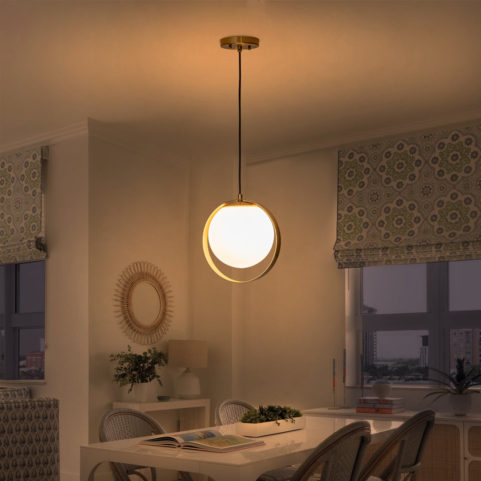 9.84 in. 8-Watt 1-Light Modern Mid-Century Brass Ring LED Pendant Light with White Globe Glass Shade