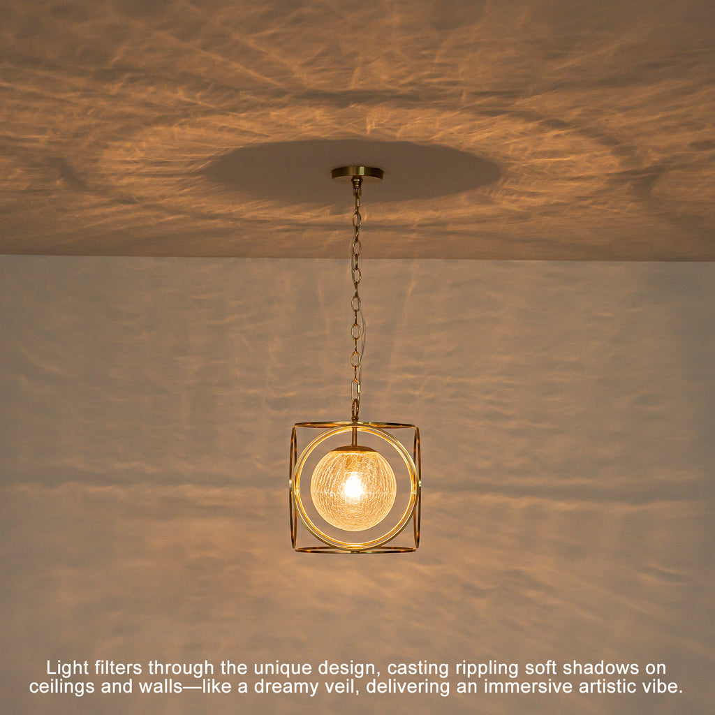 11.5 in. 1-Light Modern Copper Metal Pendant Light with Clear Crackle Globe Glass Shade for Kitchen Island, Dining Room