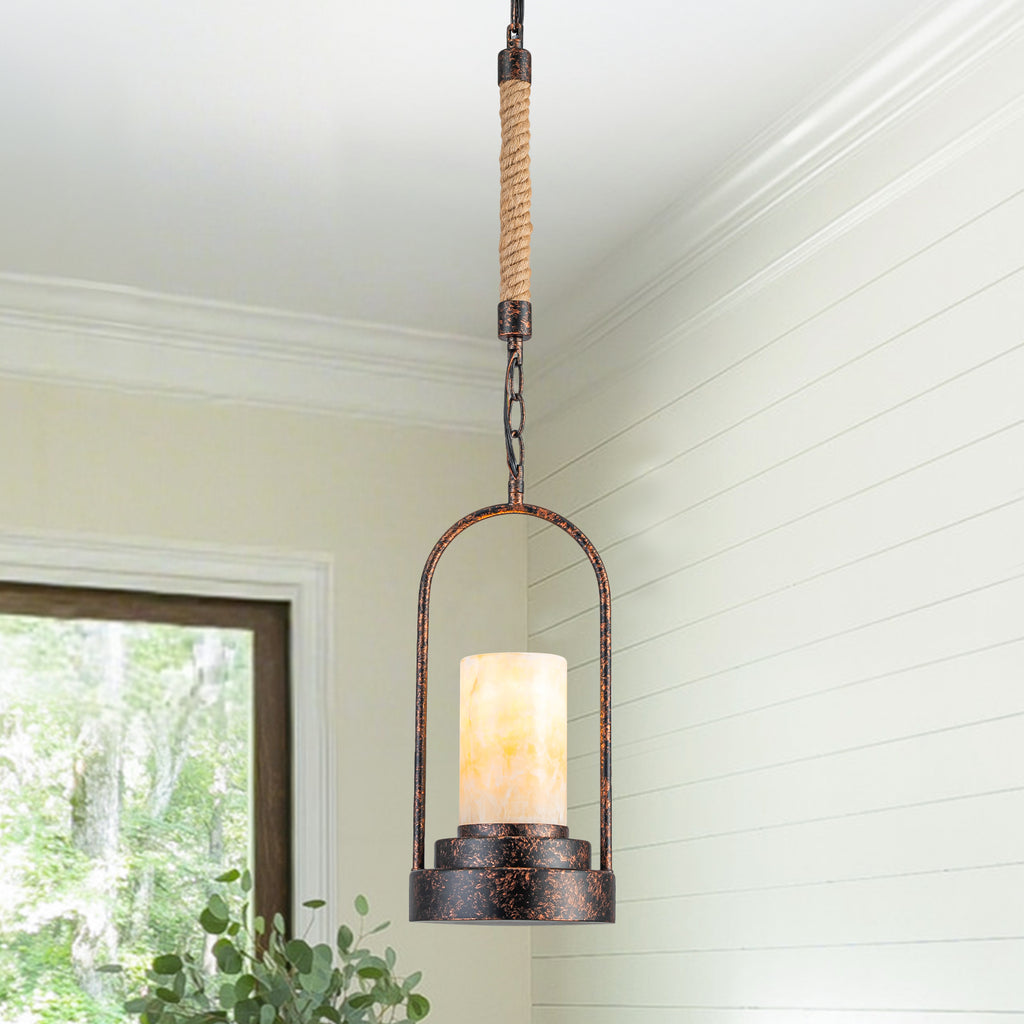 6.69 in. 1-Light Vintage Industrial U-Shaped Iron Pendant Light with Natural Onyx Shade