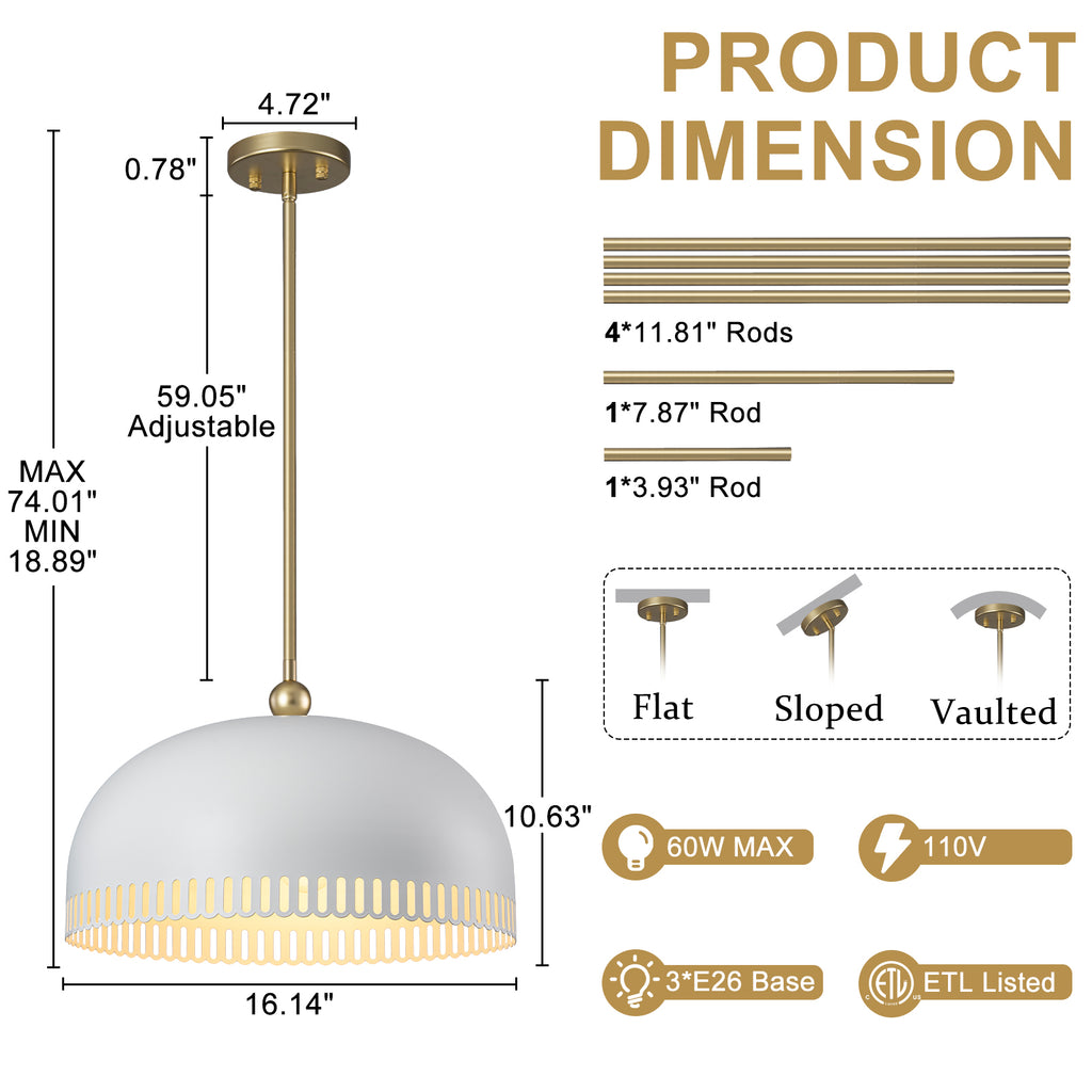 3-Light Gold Iron Semi-Domed Shape Pendant Light with Matte White Metal Shade Hollow Out Design for Living Room