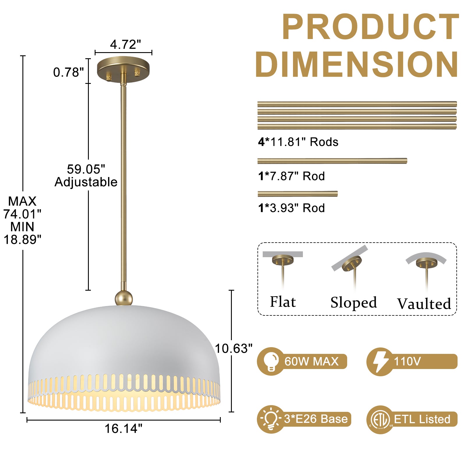 3-Light Gold Iron Semi-Domed Shape Pendant Light with Matte White Metal Shade Hollow Out Design for Living Room