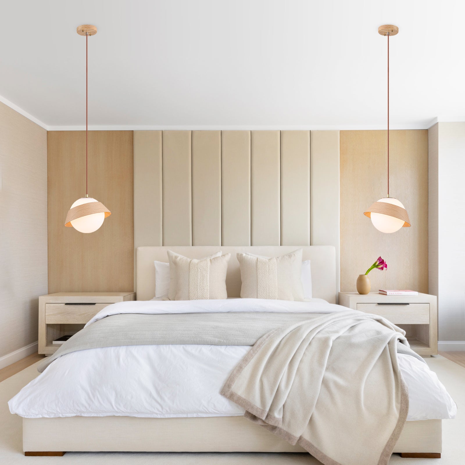 10.63 in. 1-Light Wooden Globe Hanging Pendant Light with White Glass Shade for Kitchen Island, Bedroom