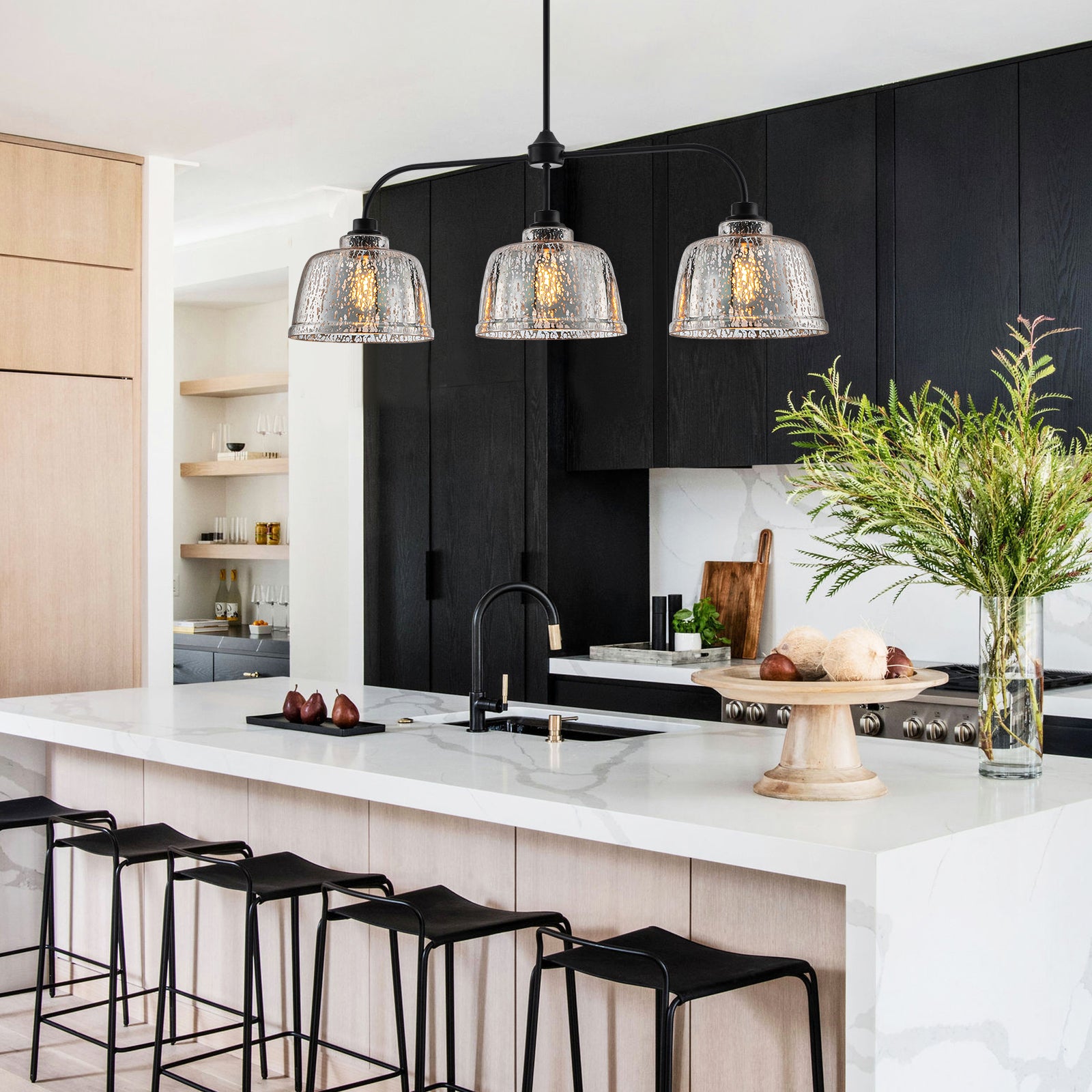 39 in. 3-Light Modern Matte Black Linear Chandelier with Textured Glass Shades for Kitchen Island