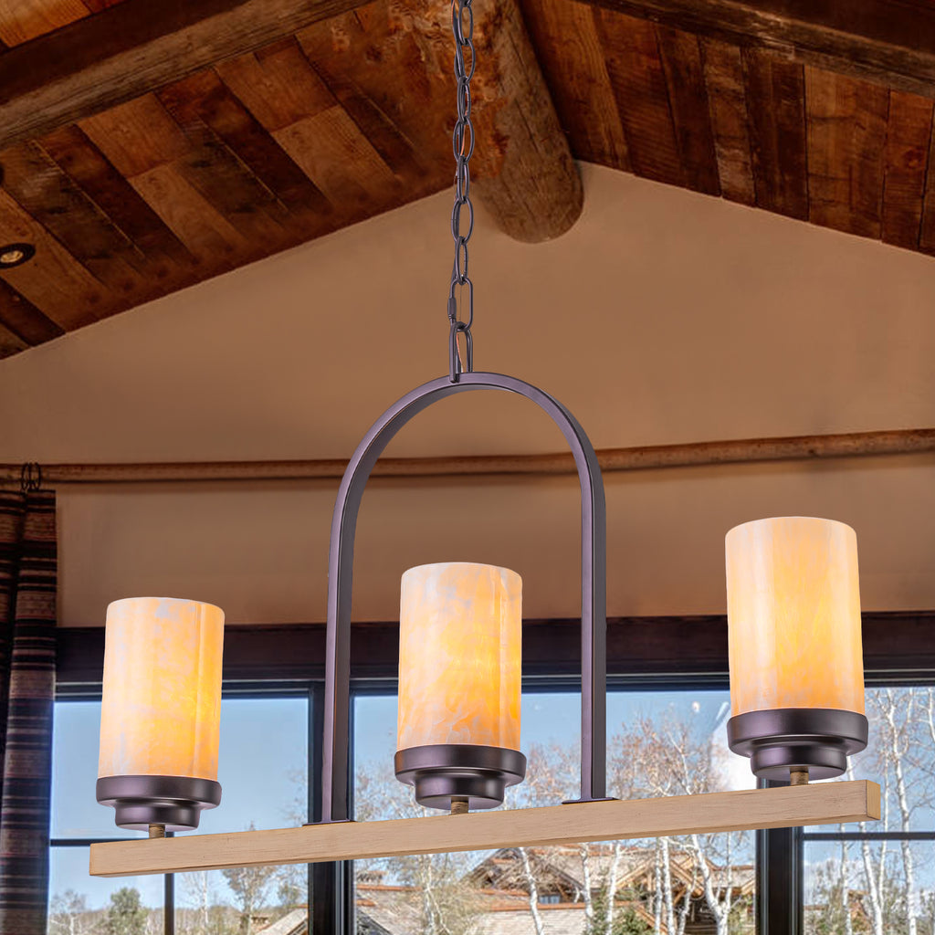 25 in. 3-Light Rustic Industrial Onyx Pendant Light w/Faux Wood Accent & U-Shaped Iron Frame