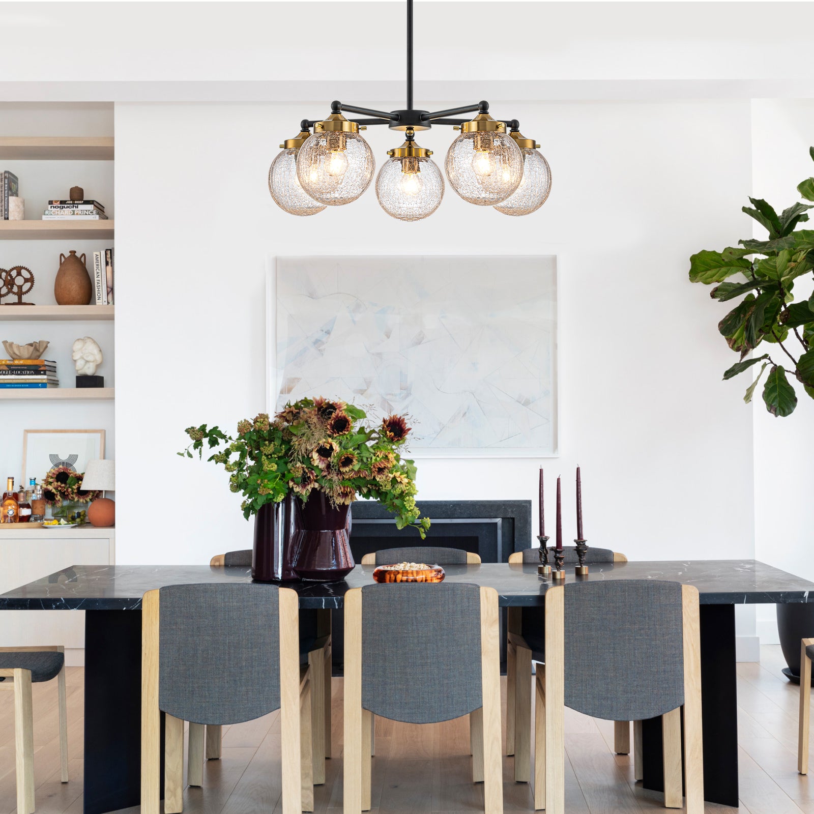 22.44 in. 5-Light Modern Black Branch Chandelier with Clear Cracked Glass Shades for Kitchen Island, Living Room