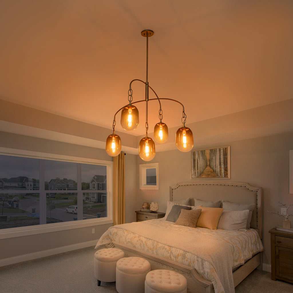 5/7-Light 2/3-Tier Antique Gold Metal Chandelier Pendant with Oval Glass Shades for Living Room, Kitchen Island