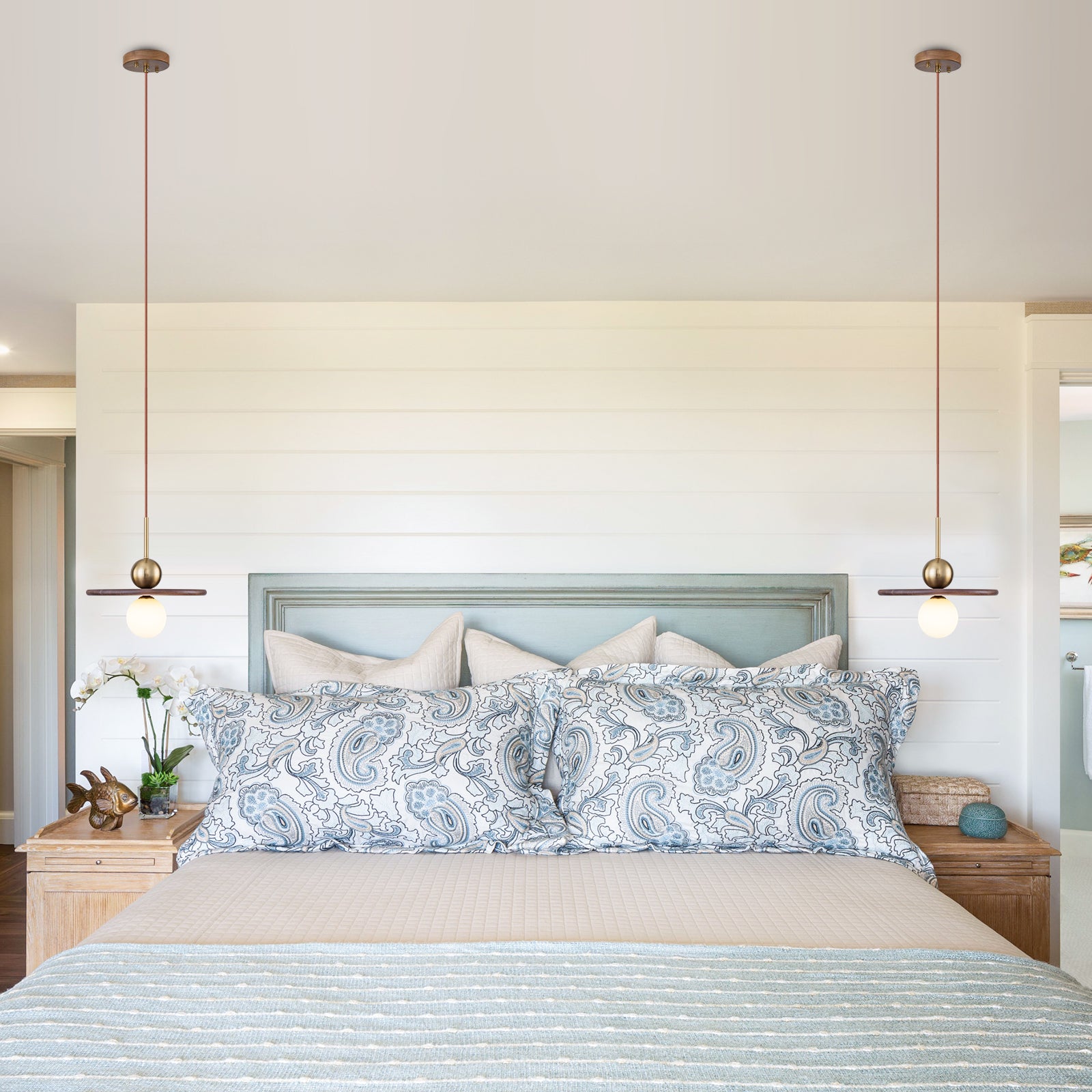 25-Watt 1-Light Modern Gold and Wood Pendant Light with White Globe Glass Shade for Bedroom