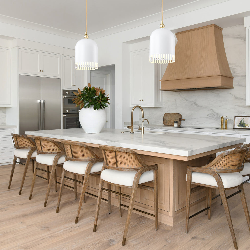 1-Light Gold Iron Semi-Domed Shape Pendant Light with Matte White Metal Shade Hollow Out Design for Living Room