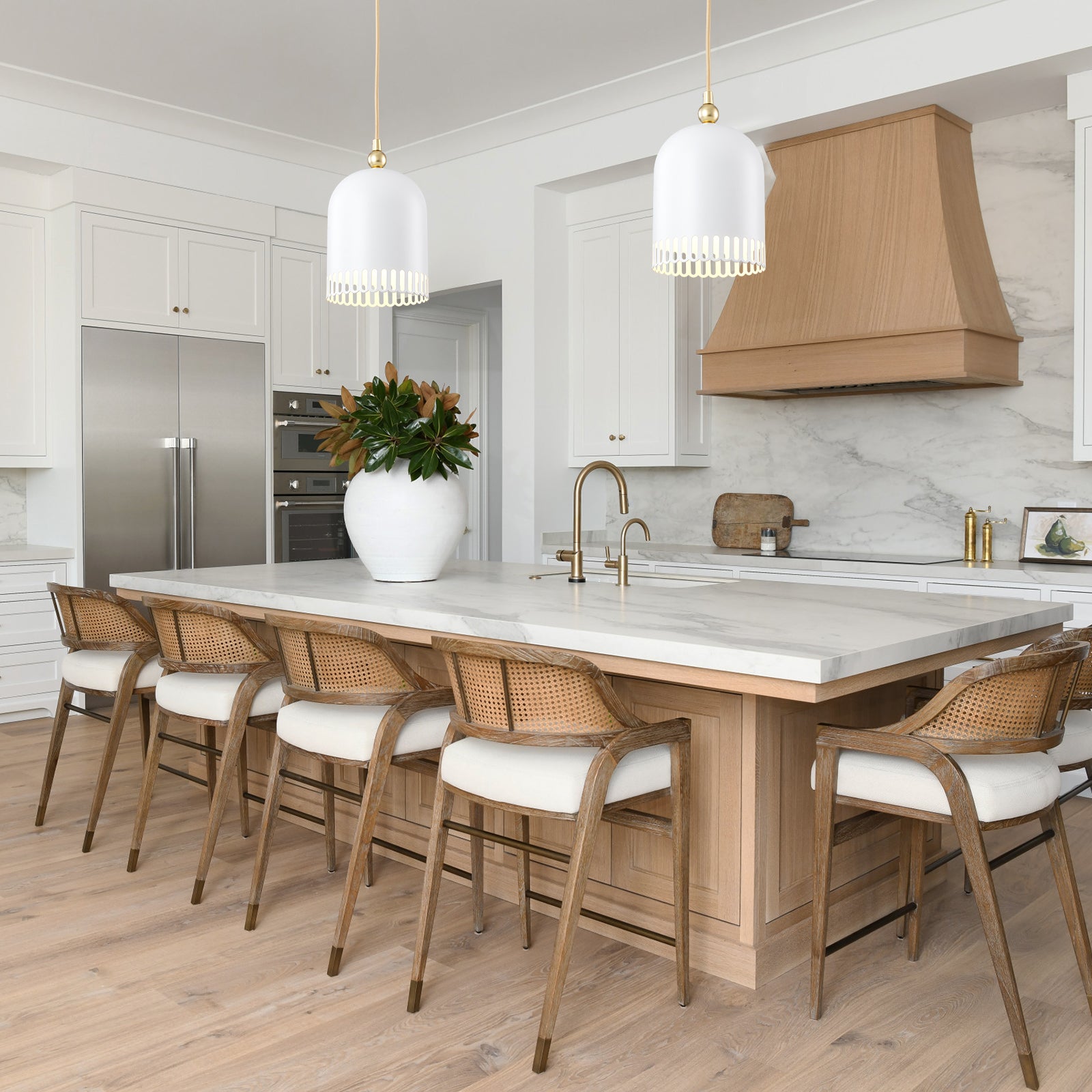 1-Light Gold Iron Semi-Domed Shape Pendant Light with Matte White Metal Shade Hollow Out Design for Living Room