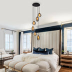 16 in. 6-Light Modern Black Staircase Chandelier Island Pendant Light with Smoky Gray Globe Glass Shade
