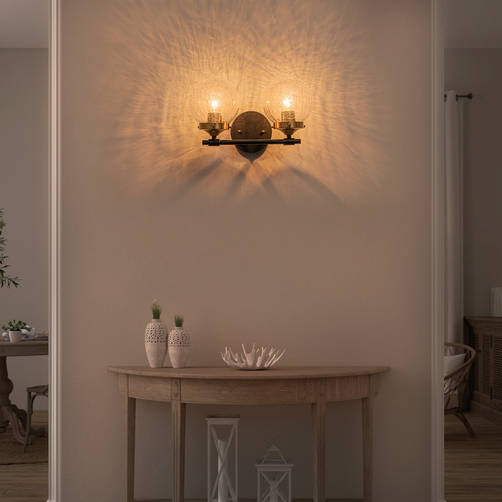 13.62 in. 2-Light Matte Black and Gold Metal Vanity Light with Clear Glass Shades for Bathroom