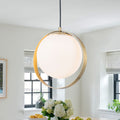 9.84 in. 8-Watt 1-Light Modern Mid-Century Brass Ring LED Pendant Light with White Globe Glass Shade