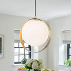 9.84 in. 8-Watt 1-Light Modern Mid-Century Brass Ring LED Pendant Light with White Globe Glass Shade