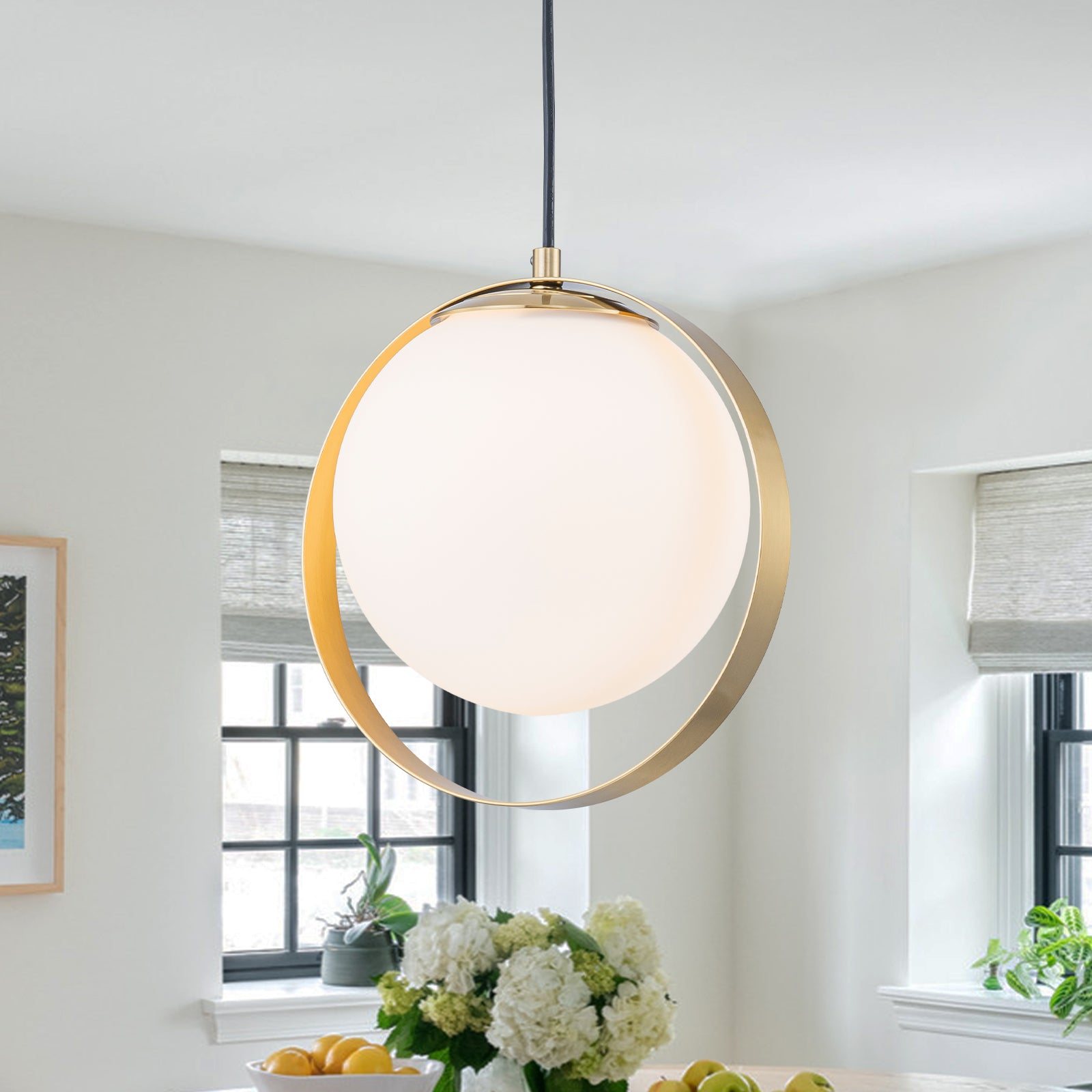 9.84 in. 8-Watt 1-Light Modern Mid-Century Brass Ring LED Pendant Light with White Globe Glass Shade
