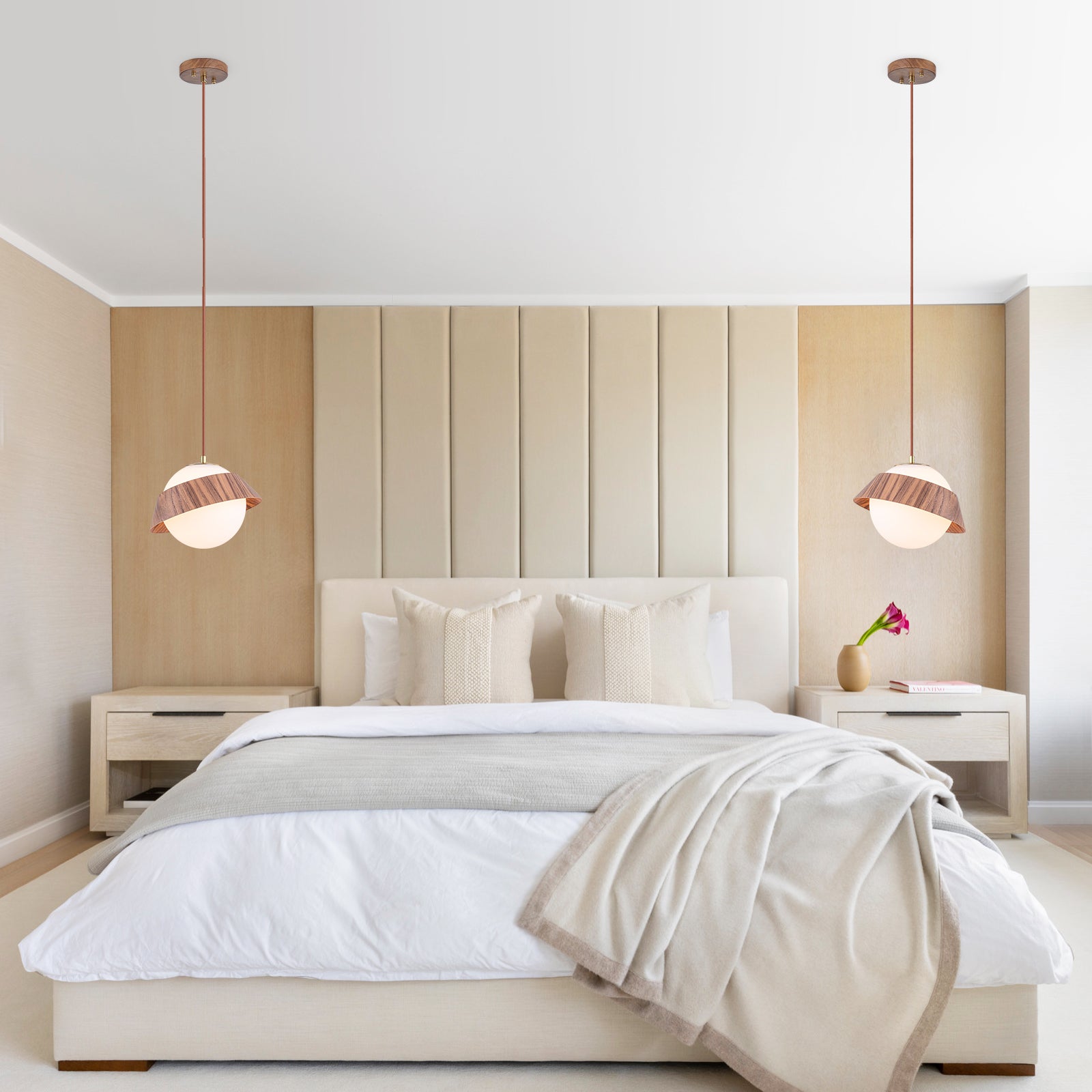 10.63 in. 1-Light Wooden Globe Hanging Pendant Light with White Glass Shade for Kitchen Island, Bedroom