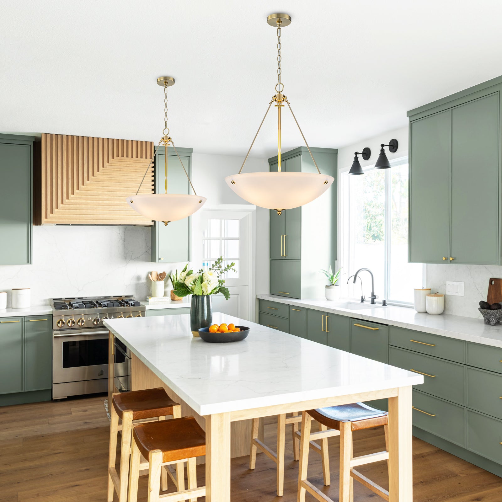 19.69 in. 4-Light Modern Farmhouse Gold Metal Bowl Island Pendant Light with White Glass Shade for Kitchen
