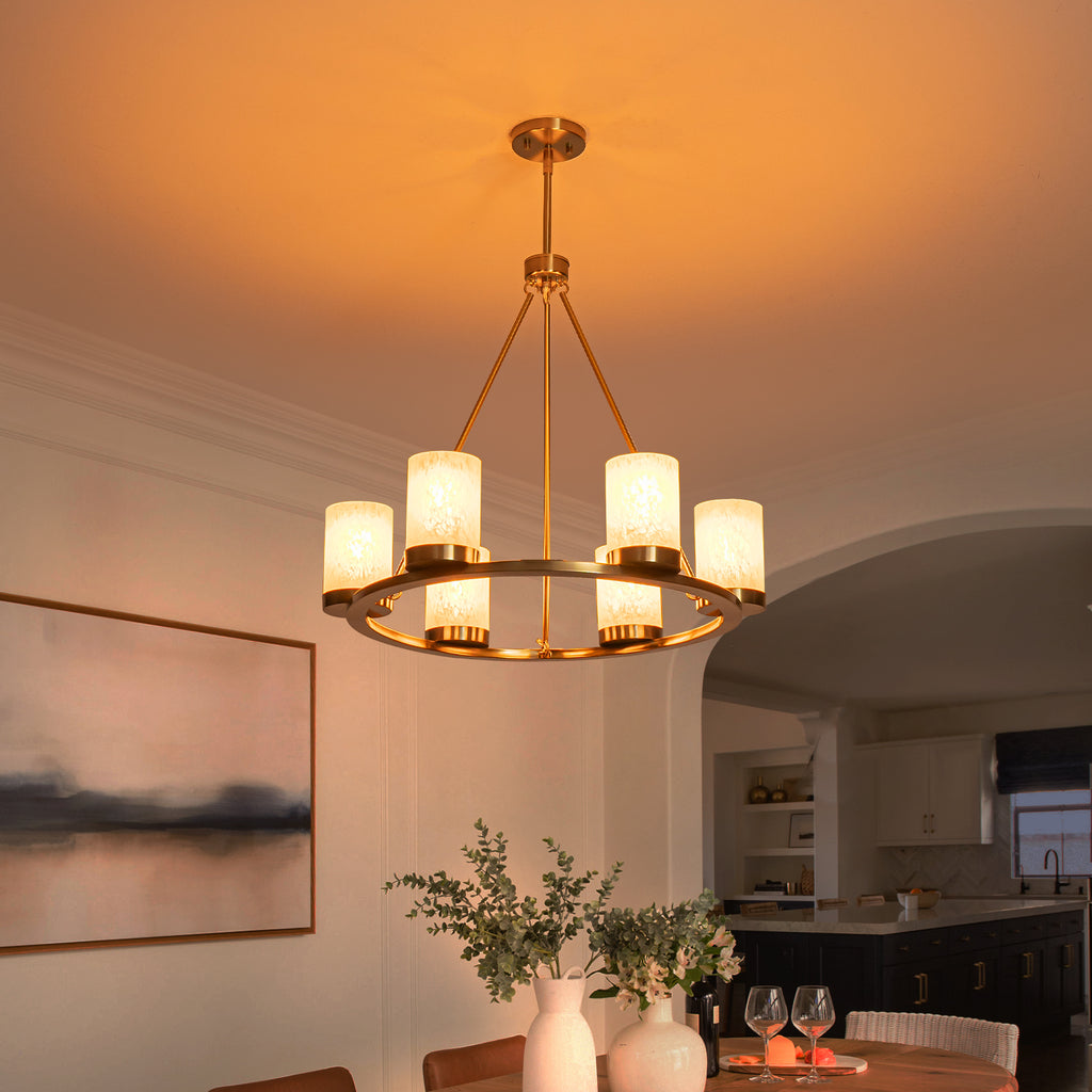 26 in. 6-Light Modern Brass Metal Chandelier with Cylinder Glass Shades for Kitchen Island, Dining Room