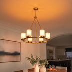 26 in. 6-Light Modern Brass Metal Chandelier with Cylinder Glass Shades for Kitchen Island, Dining Room