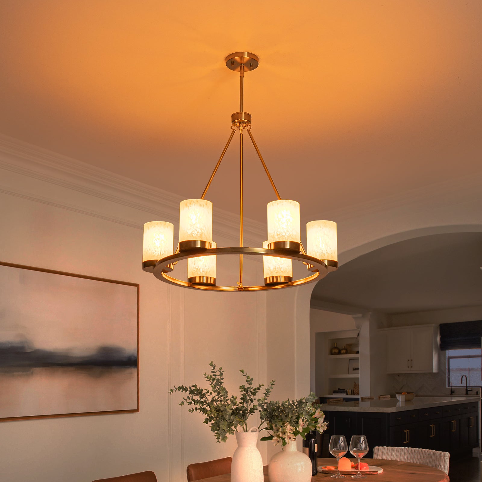 26 in. 6-Light Modern Brass Metal Chandelier with Cylinder Glass Shades for Kitchen Island, Dining Room