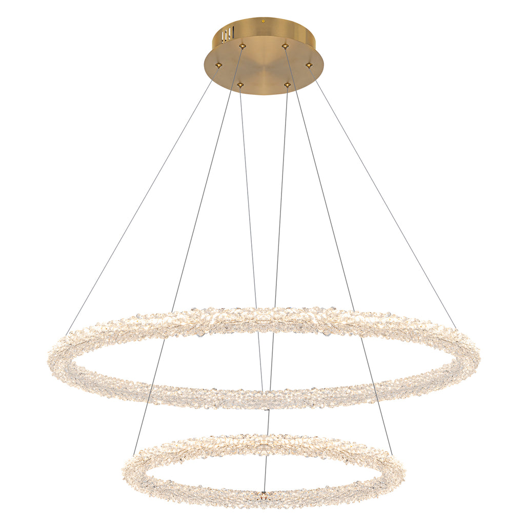 2-Light Modern Gold Double Ring Dimmable Integrated LED Chandelier Tiered Pendant Light with Crystal for Dining Room