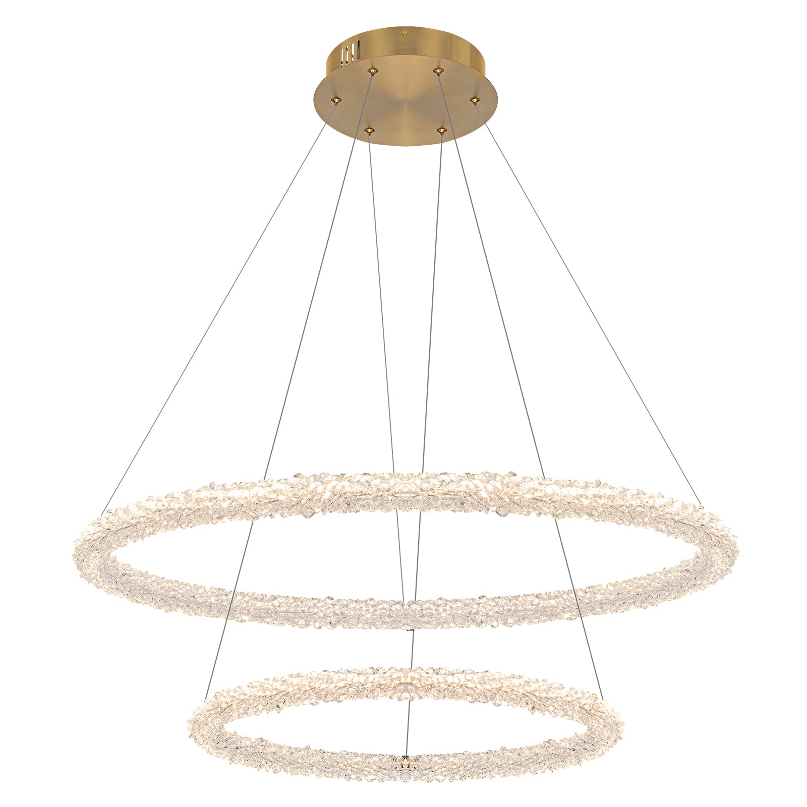 2-Light Modern Gold Double Ring Dimmable Integrated LED Chandelier Tiered Pendant Light with Crystal for Dining Room