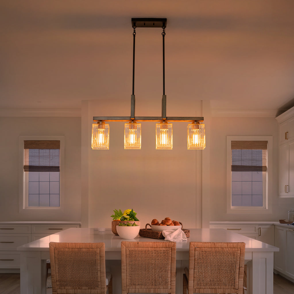 30.5 in. 4-Light Modern Farmhouse Matte Black Linear Chandelier with Faux Wood Accent Island Pendant with Glass Shades