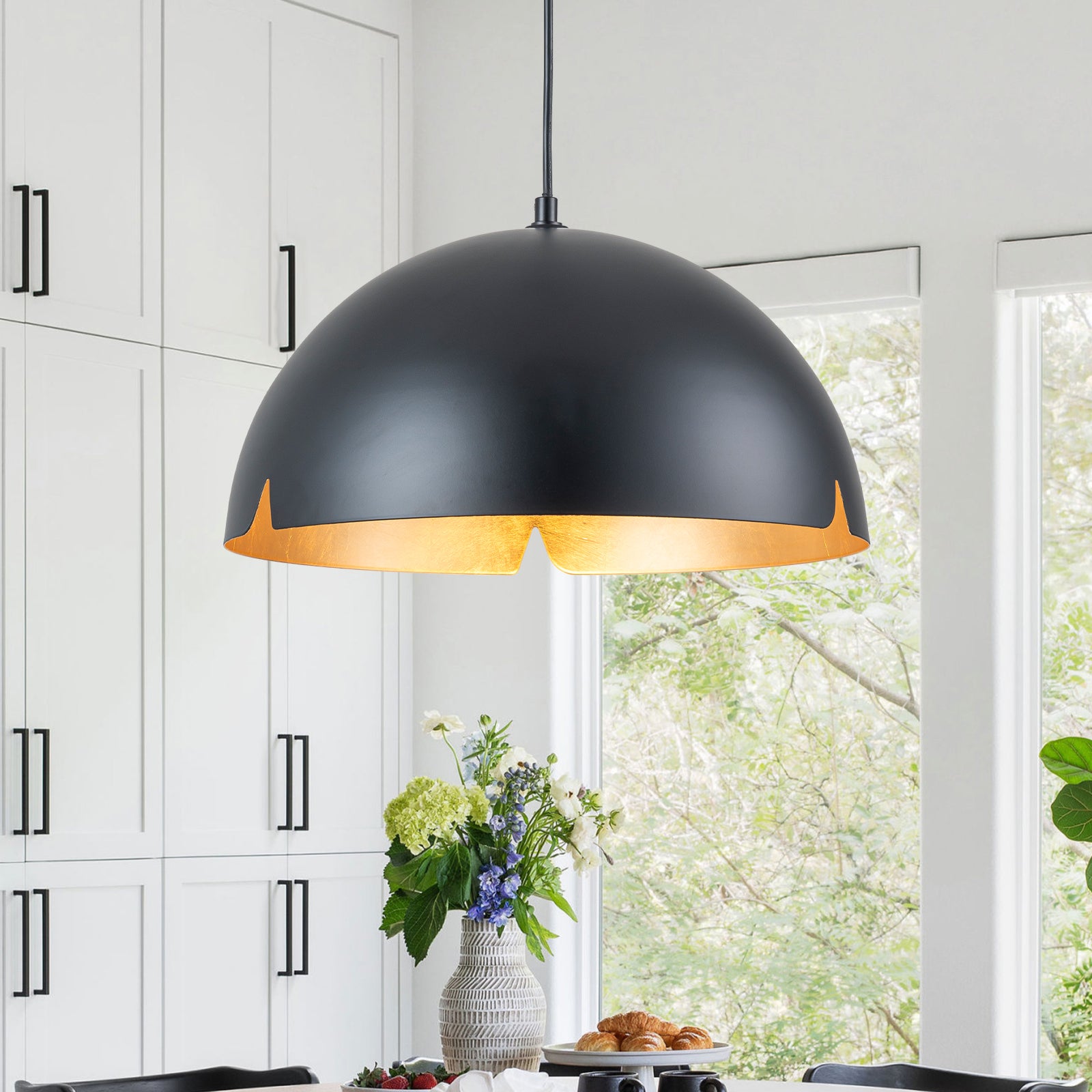 14.96 in. 1-Light Industrial Metal Black/White Dome Pendant Light with Iron Shade for Dining Rooms, Kitchens
