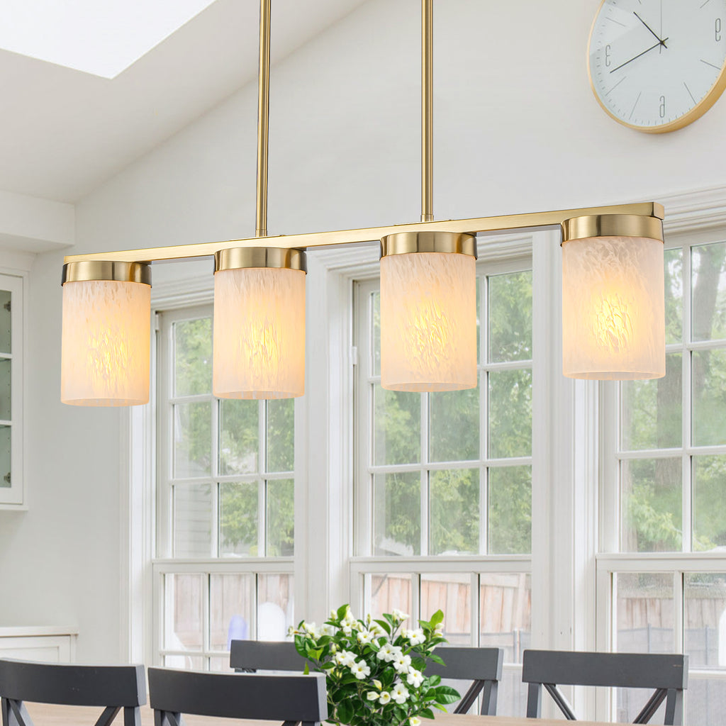 28.94 in. 4-Light Modern Copper Metal Linear Chandelier Island Pendant Light with Cylinder Glass Shades for Dining Room