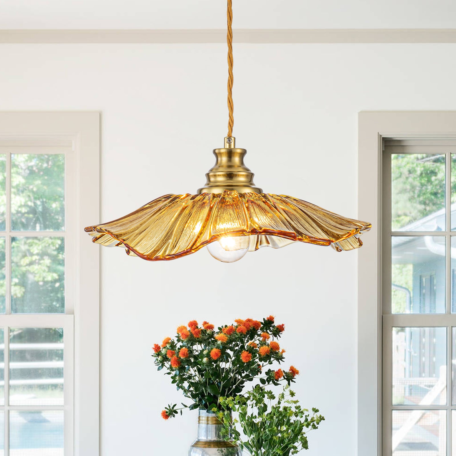 11.02 in. 1-Light Modern Pink Hanging Pendant Light with Flower Shaped Glass Shade for Bedroom, Kitchen Island